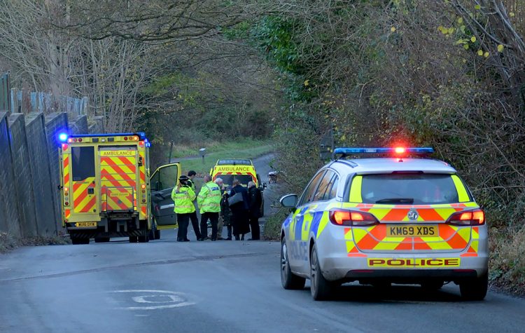 Image of two ambulances and a police car with a  group of people in road.